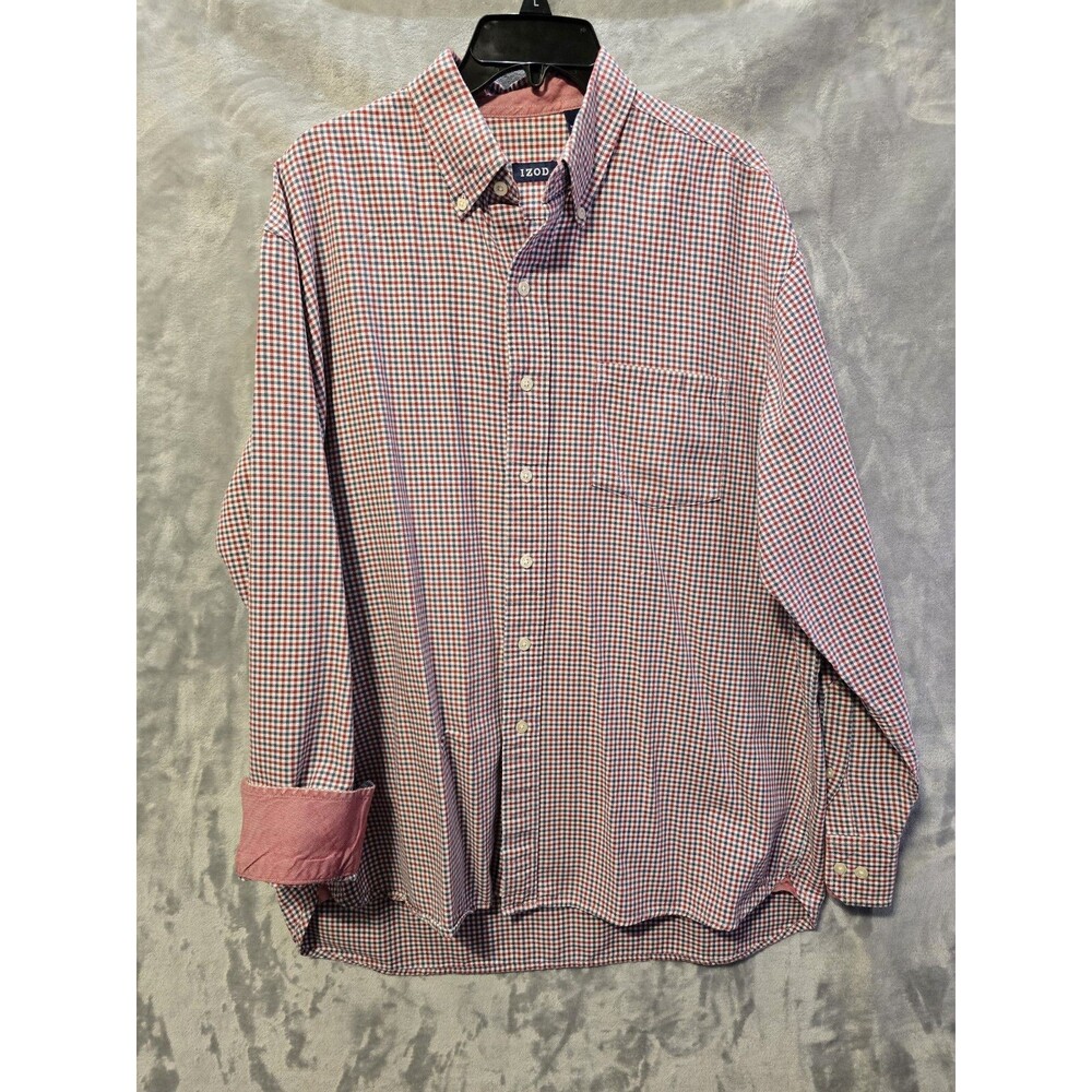 IZOD Men's Shirt Large Red White Blue Check Button Down Long Sleeve Flip Cuff